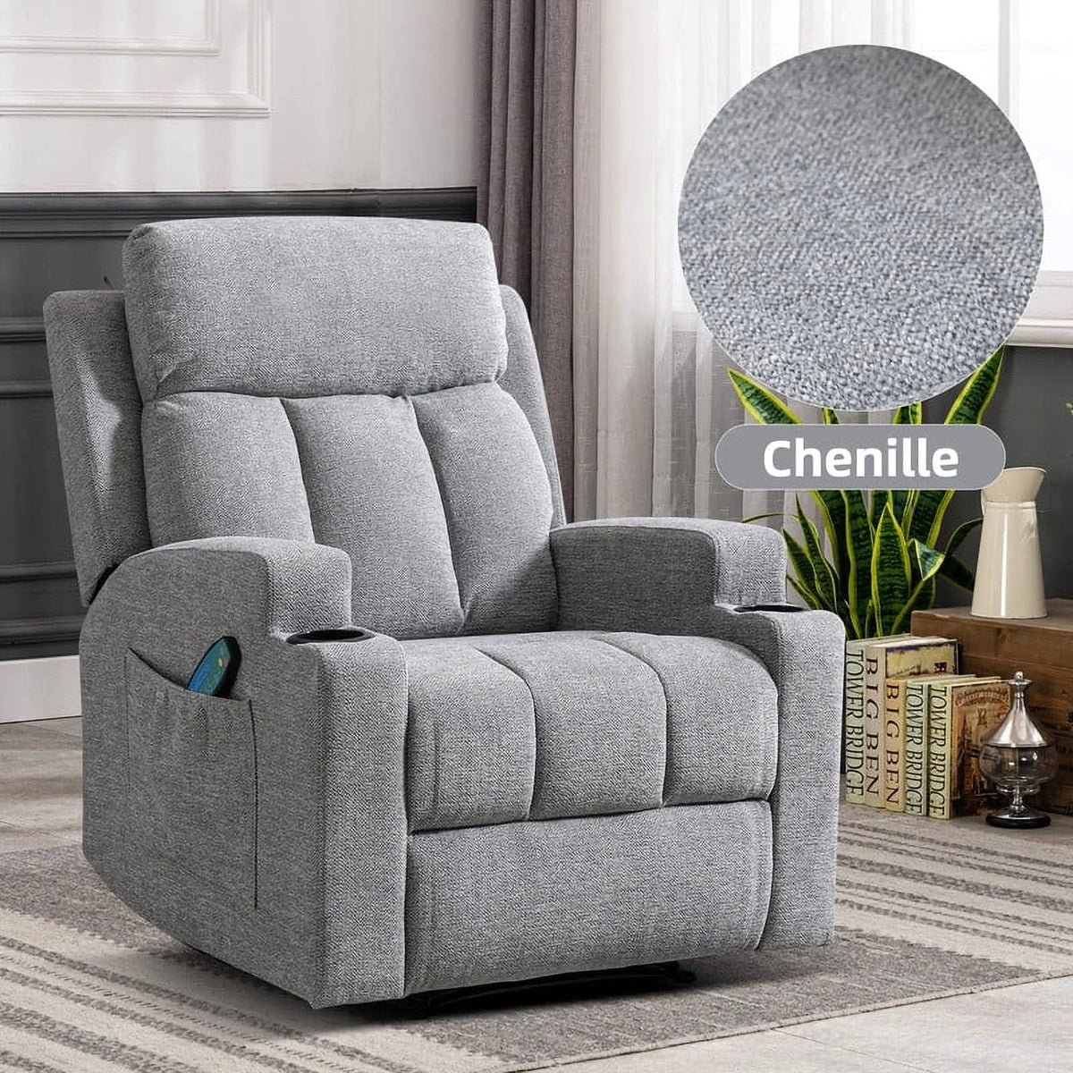 Bonzy Home Heated Manual Massage Recliner with Cup Holder Padded Breathable Fabric Recliner, Home Theater Seating"Navy