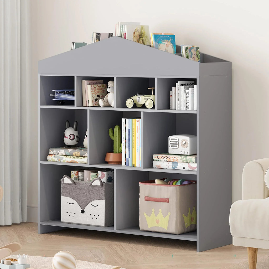 DSstyles Kids Bookshelf 9-Cubby Toy Storage Organizer White Bookcase Toddlers Playhouse Cabinet Shelf for Boys Girls Wooden Storage Toy Shelf for Playroom, Nursery, Kids Room