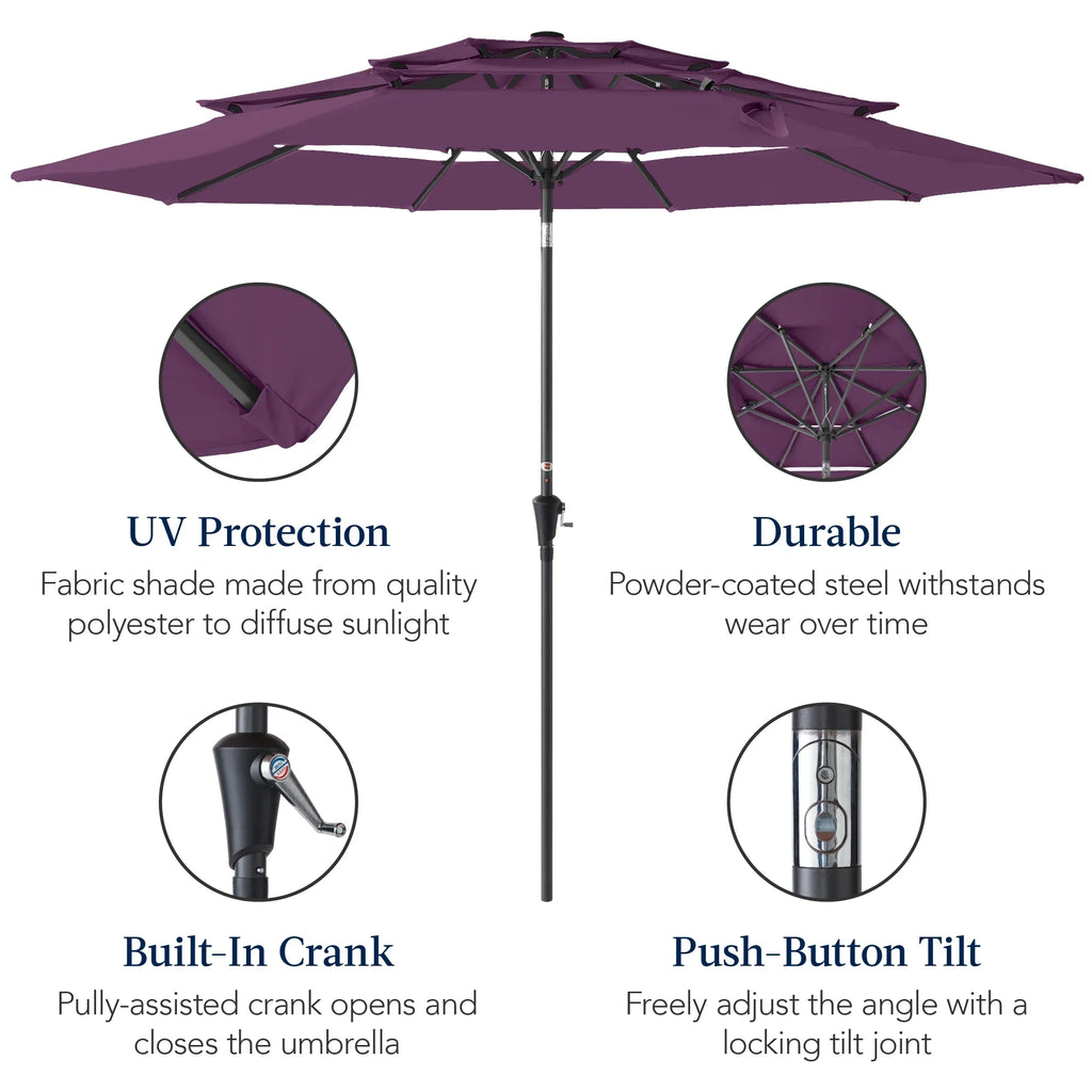 Best Choice Products 10ft 3-Tier Patio Umbrella, Market Sun Shade w/ Tilt Adjustment, Easy Crank - Red