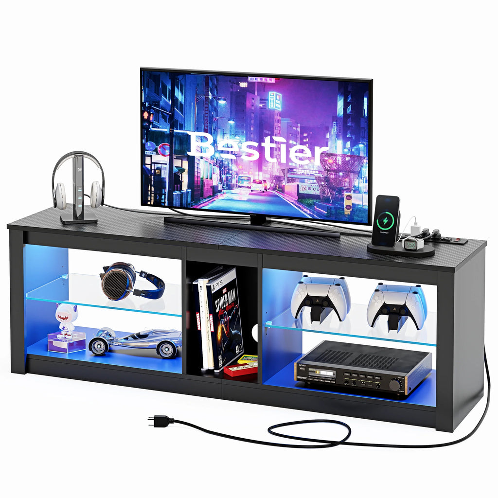 Bestier Entertainment Center with LED Lights TV Stand Media Console Table for TVs up to 60" in Light Grey
