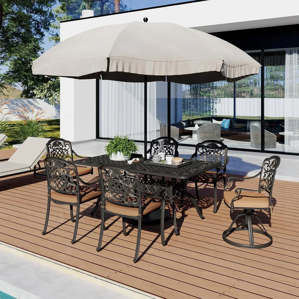 59.06" Cast Aluminum Outdoor Dining Table for 6� People, Rust-Resistant All-Weather Metal Patio Table with 2" Umbrella Hole, Heavy-Duty Garden Furniture for Deck, Backyard, Dark Bronze, Only Desk