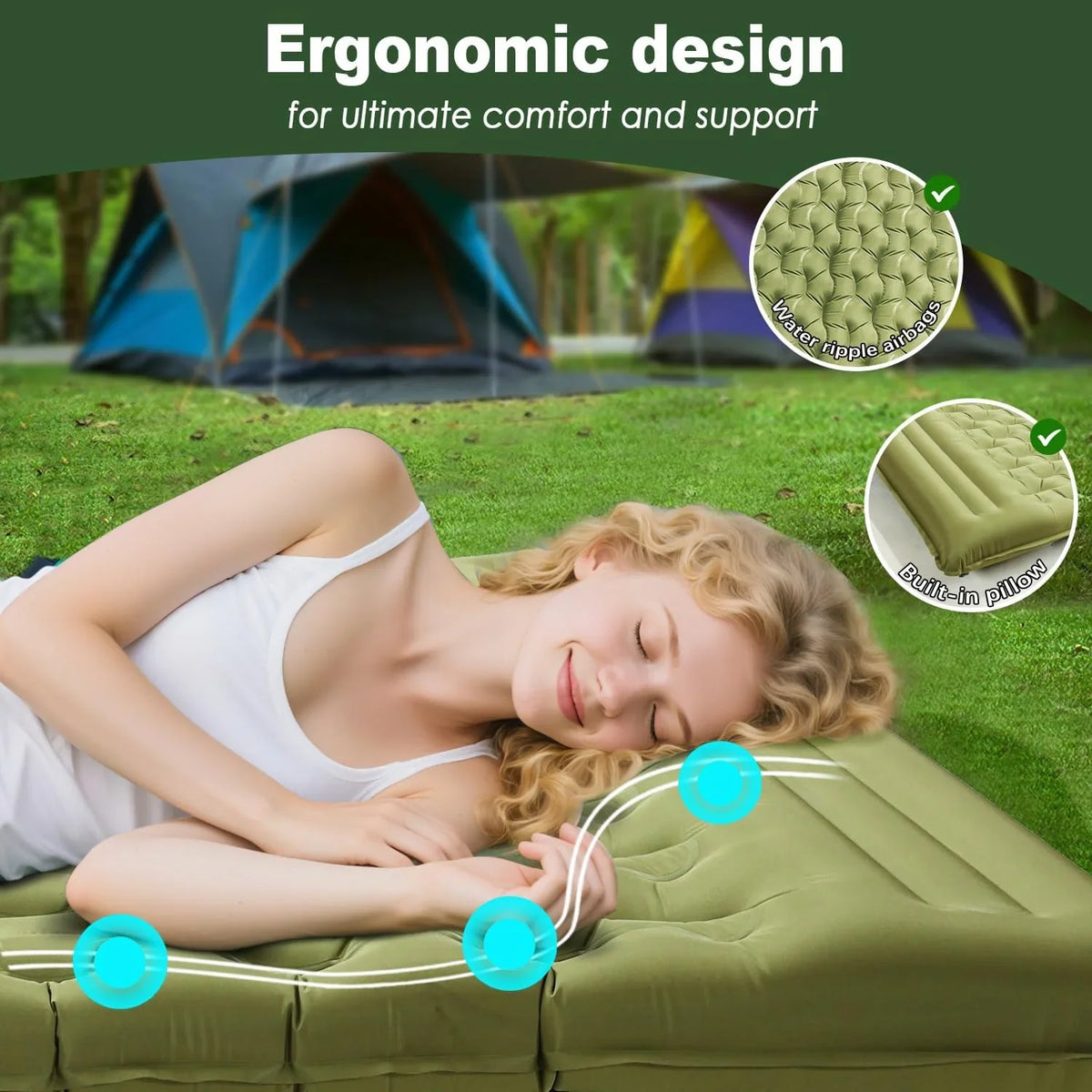 Double Sleeping Pad for Camping - 6" Ultra-Thick Camping Mattress with Pillow, Built-in Foot Pump, Compact 2-Person Portable Camping Mat for Backpacking, Hiking, Car Traveling, Beach, Tent