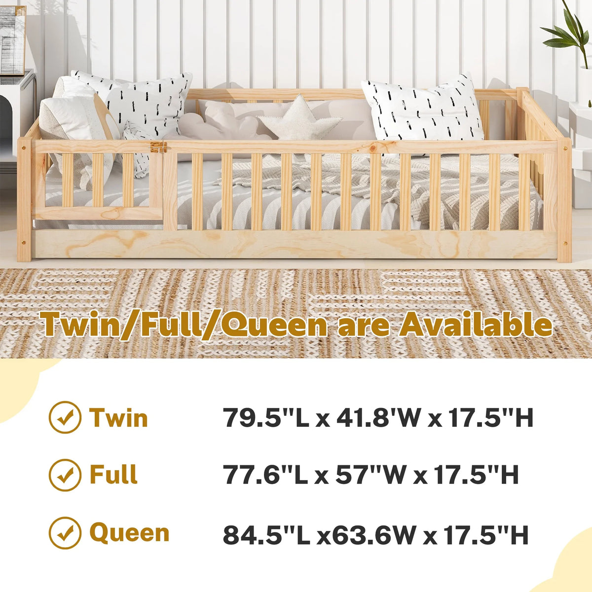 PAPROOS Twin Size Floor Bed, Solid Wood Toddler Bed with Slat, Fence Guardrail and Door, No Box Spring Needed, Montessori Bed, Twin Bed for Kids, Boys, Girls, Gray