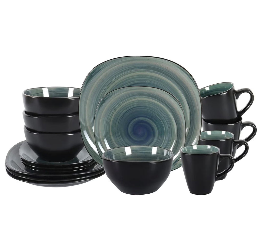 Stoneware Square 16pc Dinnerware Set, Inside Spinwash Swirl Orange + Outside Black