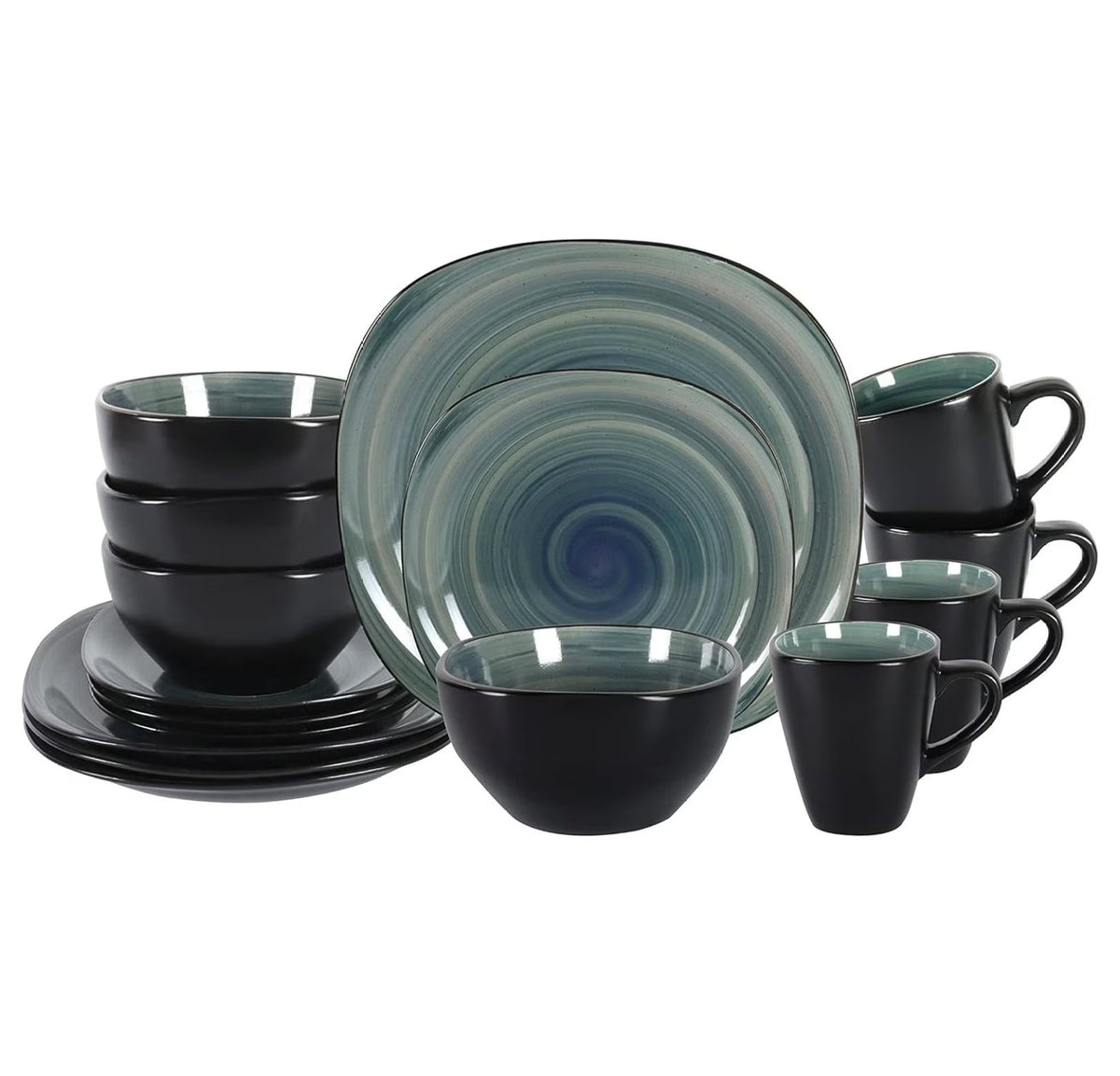 Stoneware Square 16pc Dinnerware Set, Inside Spinwash Swirl Orange + Outside Black
