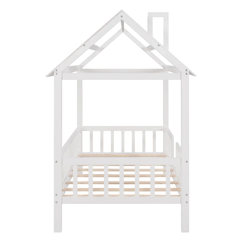 Euroco Twin Size Platform Bed, House Bed with Fence for Kids, Gray