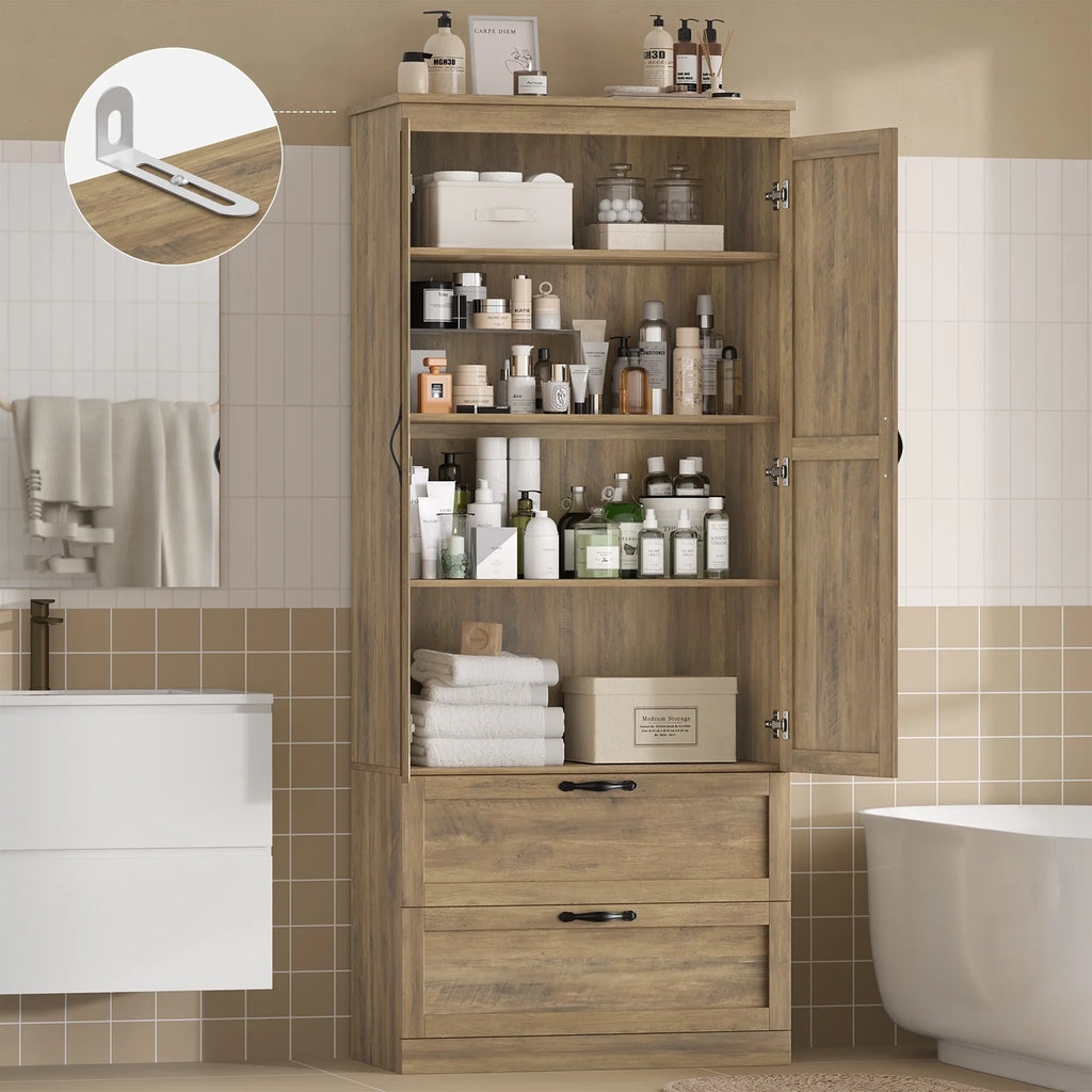 Homfa 70.3"H Bathroom Storage Cabinet, Farmhouse Linen Storage Cabinet with 2 Drawers, White