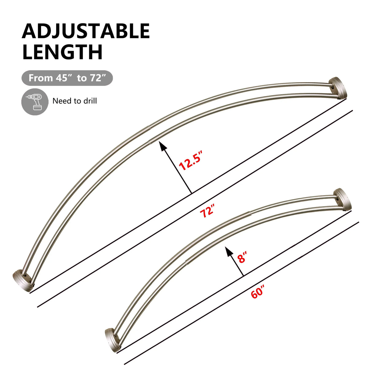 Utopia Alley Rustproof Wall Mounted Aluminum Double Curved Shower Curtain Rod, Screw Mount Rod, Secure Than Tension, Adjustable Shower Rod from 45" to 72", Includes shower liner & hooks (Bronze)