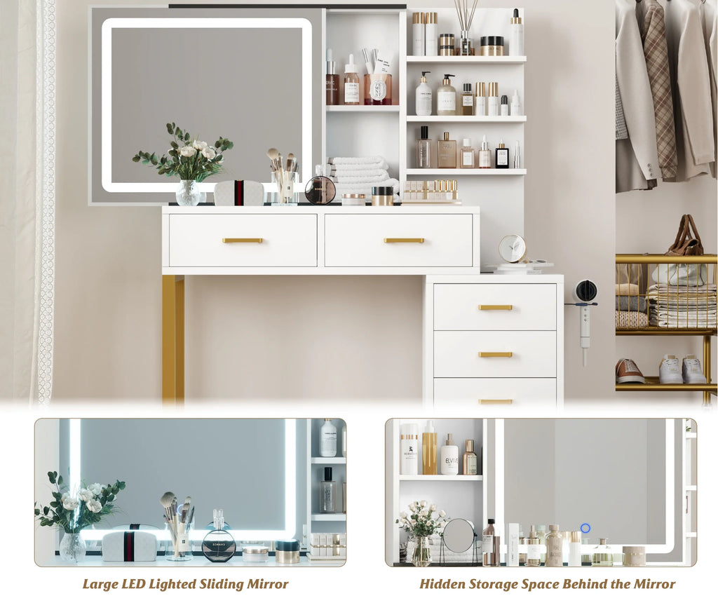 Vanity Desk with Adjustable LED Lighted Sliding Mirror,Makeup Vanity with 5 Drawers&Open Shelves for Bedroom