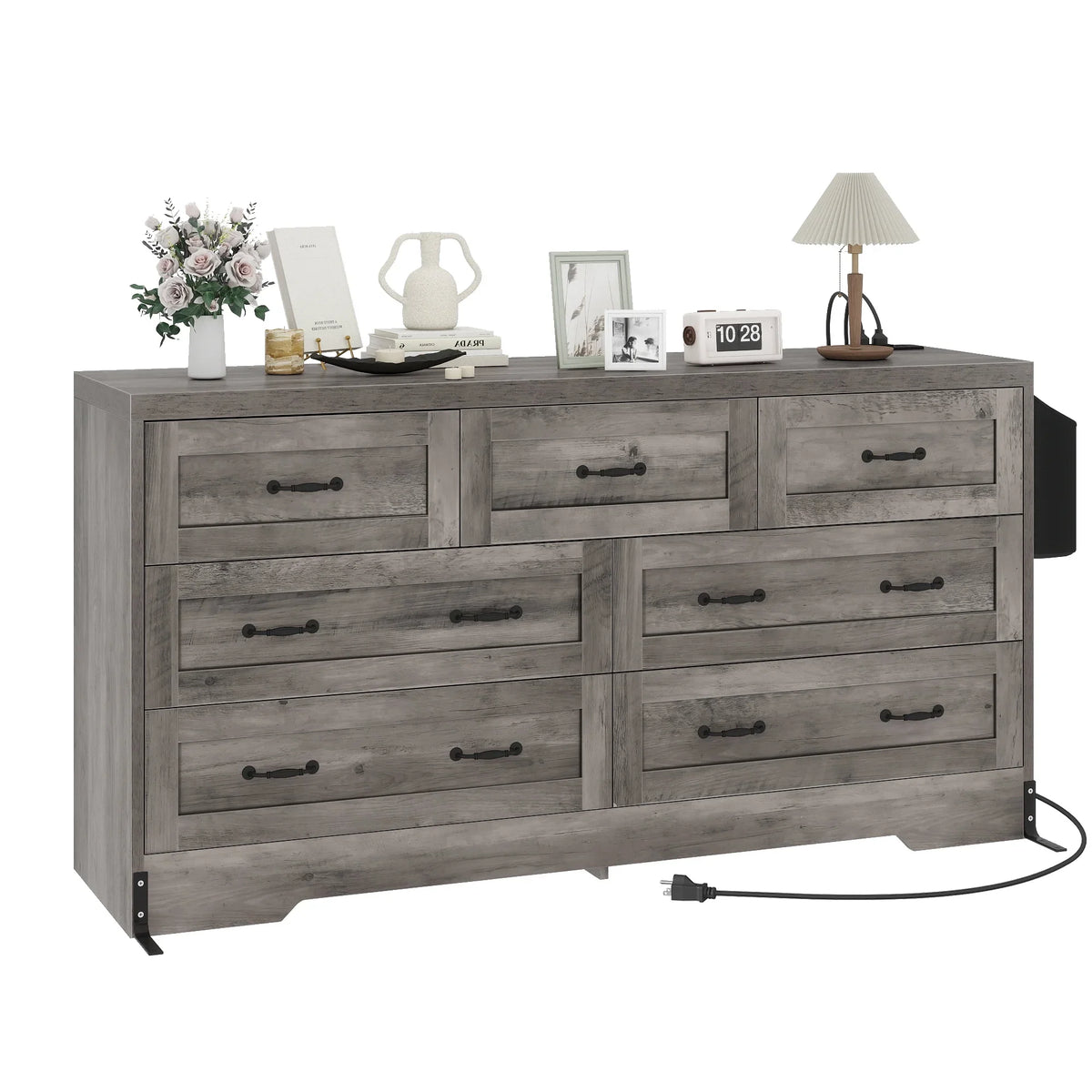 Craftian 7-Drawer Double Dresser Storage Cabinet with Power Outlets, Wood Chest of Drawers, Gray