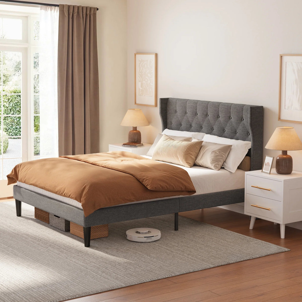 Full Size Bed Frame with Headboard, Under-Bed Storage, 850lbs, Beige