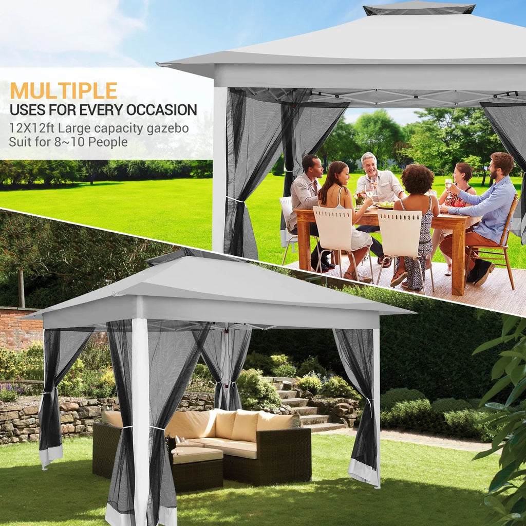 HOTEEL 12x12 Outdoor Pop-up Gazebo Canopy with Mosquito Netting 2-Tiered Vented Top 3 Adjustable Height for Backyard, Garden, Lawn,Light Grey