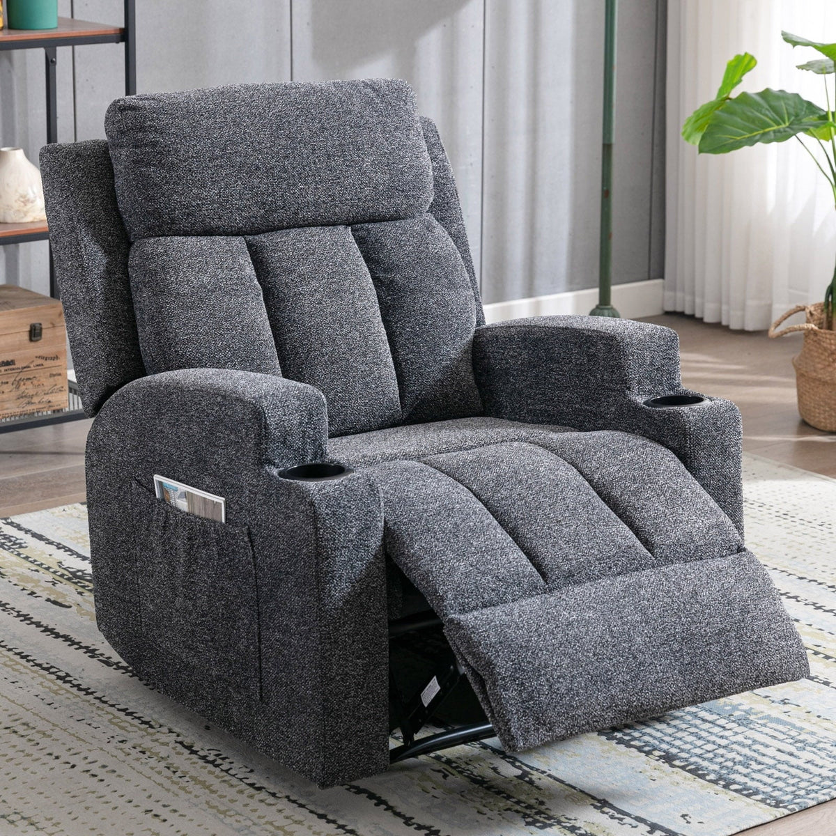 Bonzy Home Heated Manual Massage Recliner with Cup Holder Padded Breathable Fabric Recliner, Home Theater Seating"Navy
