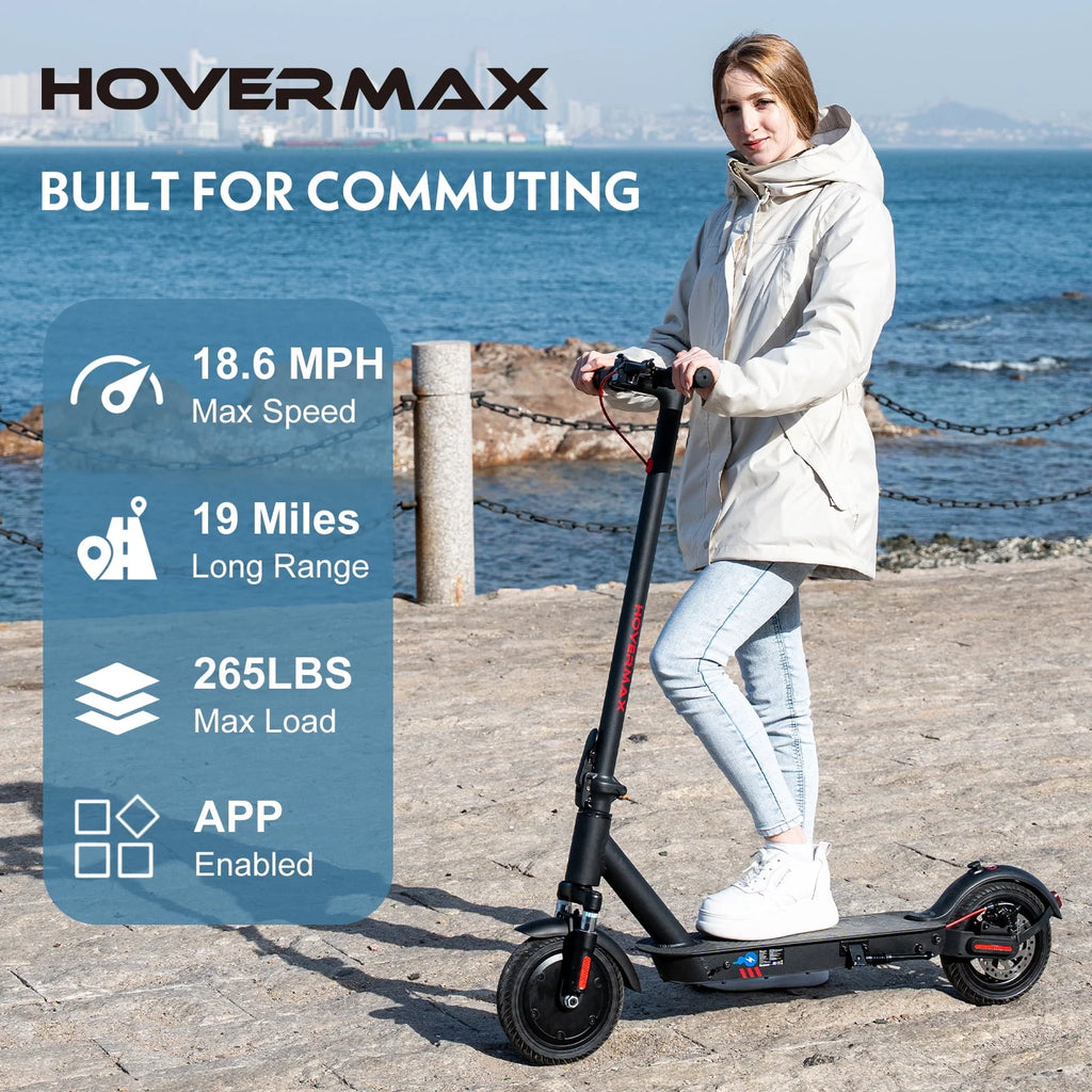 HOVERMAX Electric Scooter 350W Motor Up to 18.6 MPH & 19 Miles, 8.5'' Solid Tires Adults Electric Scooter with APP Control, Foldable and Commute