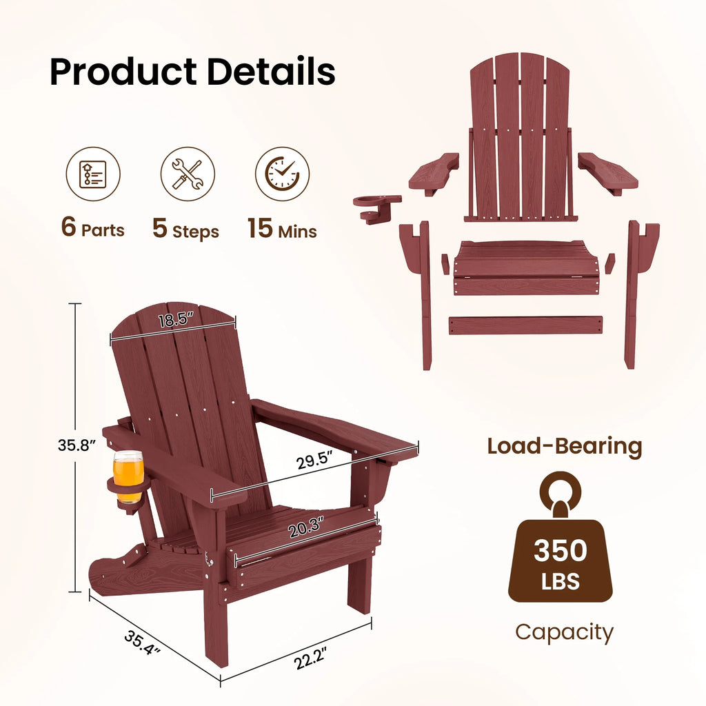 SERWALL Outdoor Adjustable Folding HDPE Adirondack Chairs Set of 2 with Cup Holder, Gray