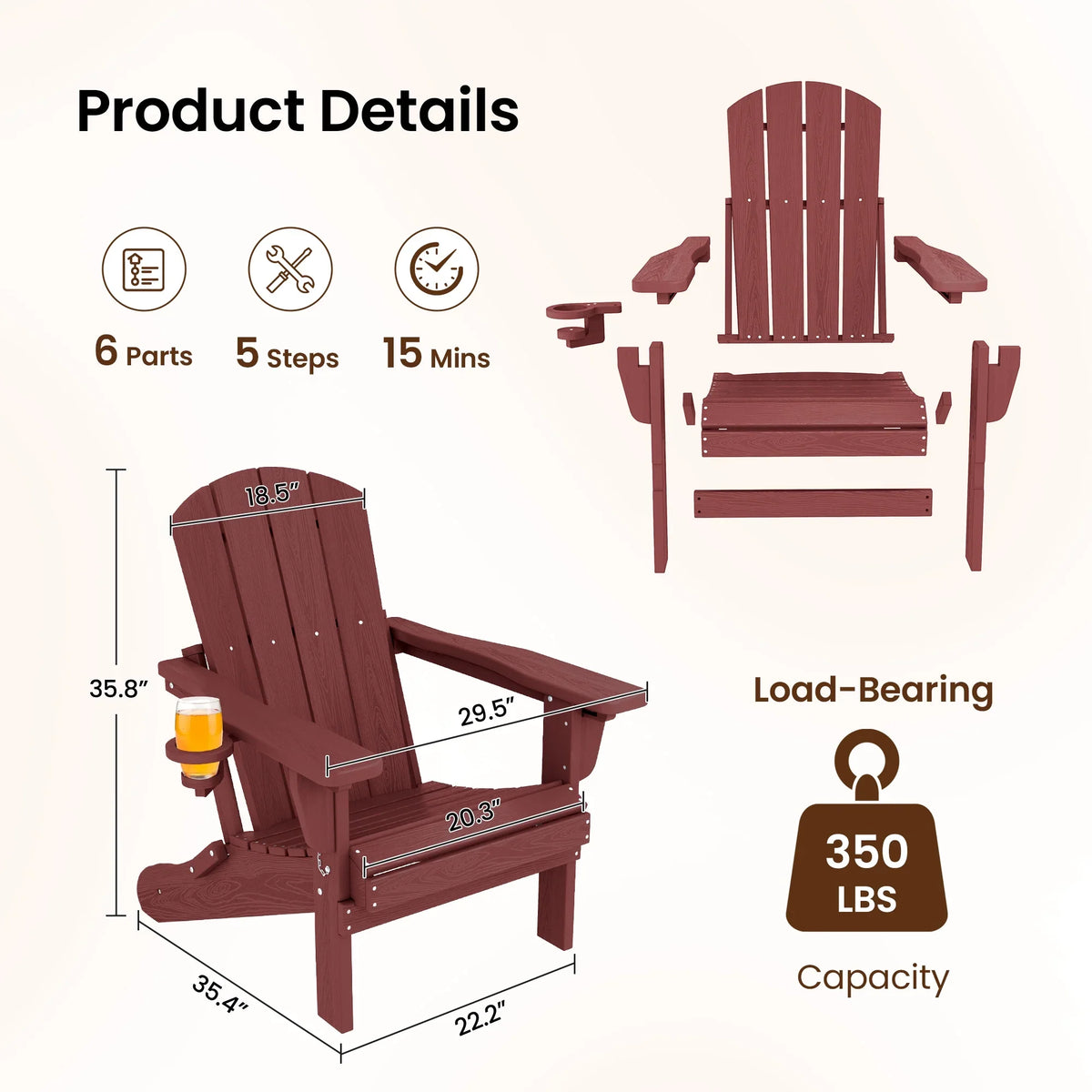 SERWALL Outdoor Adjustable Folding HDPE Adirondack Chairs Set of 2 with Cup Holder, Gray