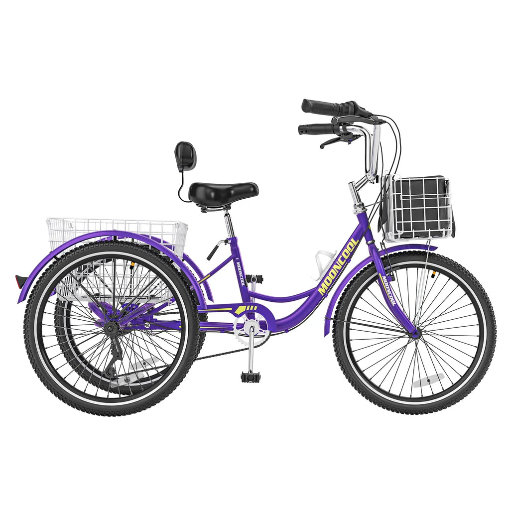 MOONCOOL Adult Tricycles with Rear Basket & Inflator, 24 26 inch 7 Speed 3 Wheel Bikes, Three-Wheeled Bicycles Adult Trike with Backrest for Seniors, Women, Men