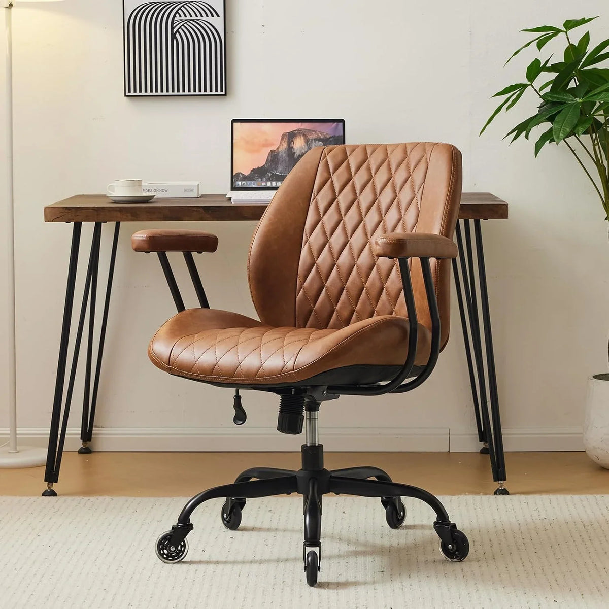 QW Home Office Desk Chair Office Rubber Casters Ergonomic Computer Chair with Lumbar Support Adjustable Height Rolling Swivel Executive Task Armrests Chair. Brown Leather
