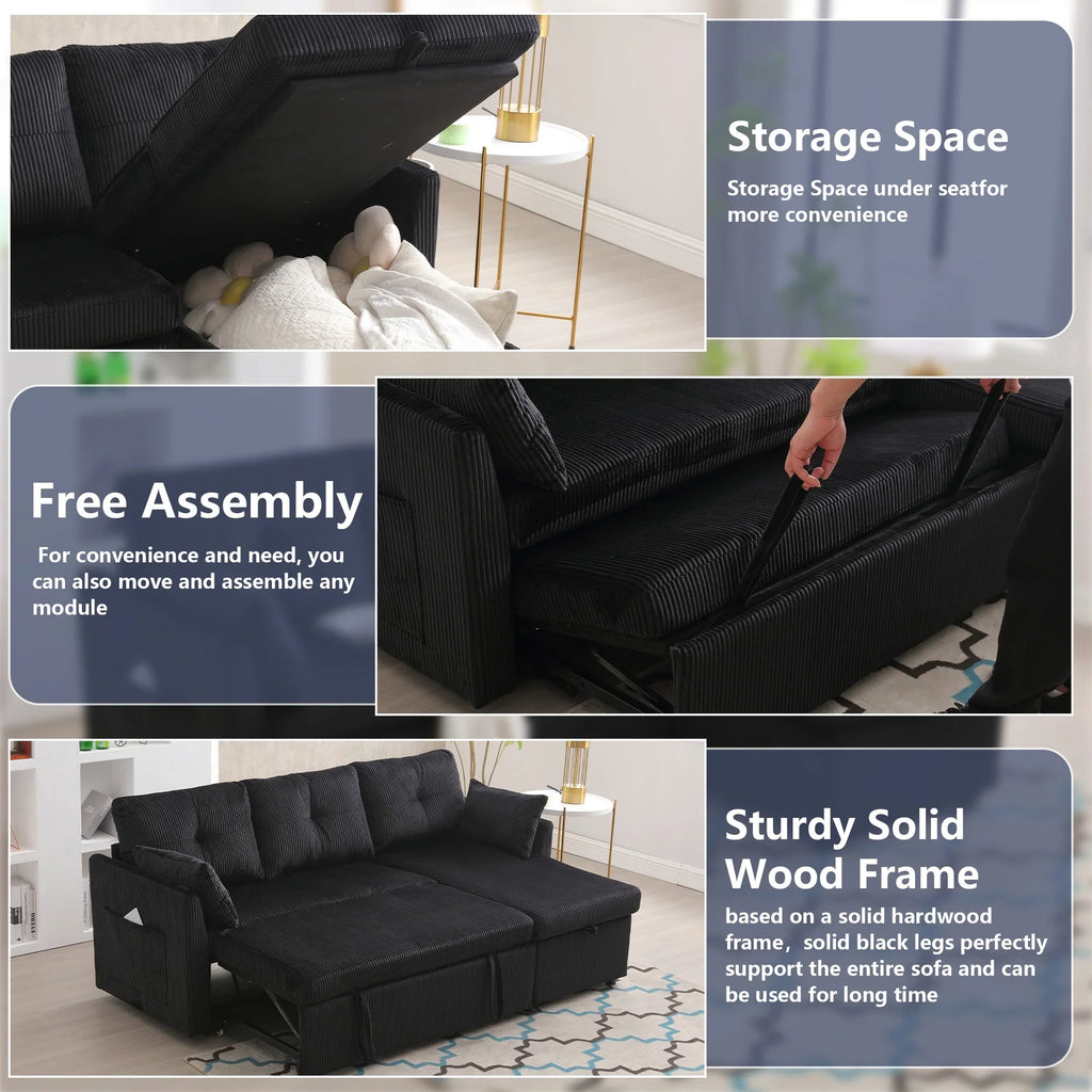 Villeston L-Shaped 3-Seat Sofa with Pull-Out Bed, with Storage Chaise Couch for Living Room, Chenille Fabric,Olive