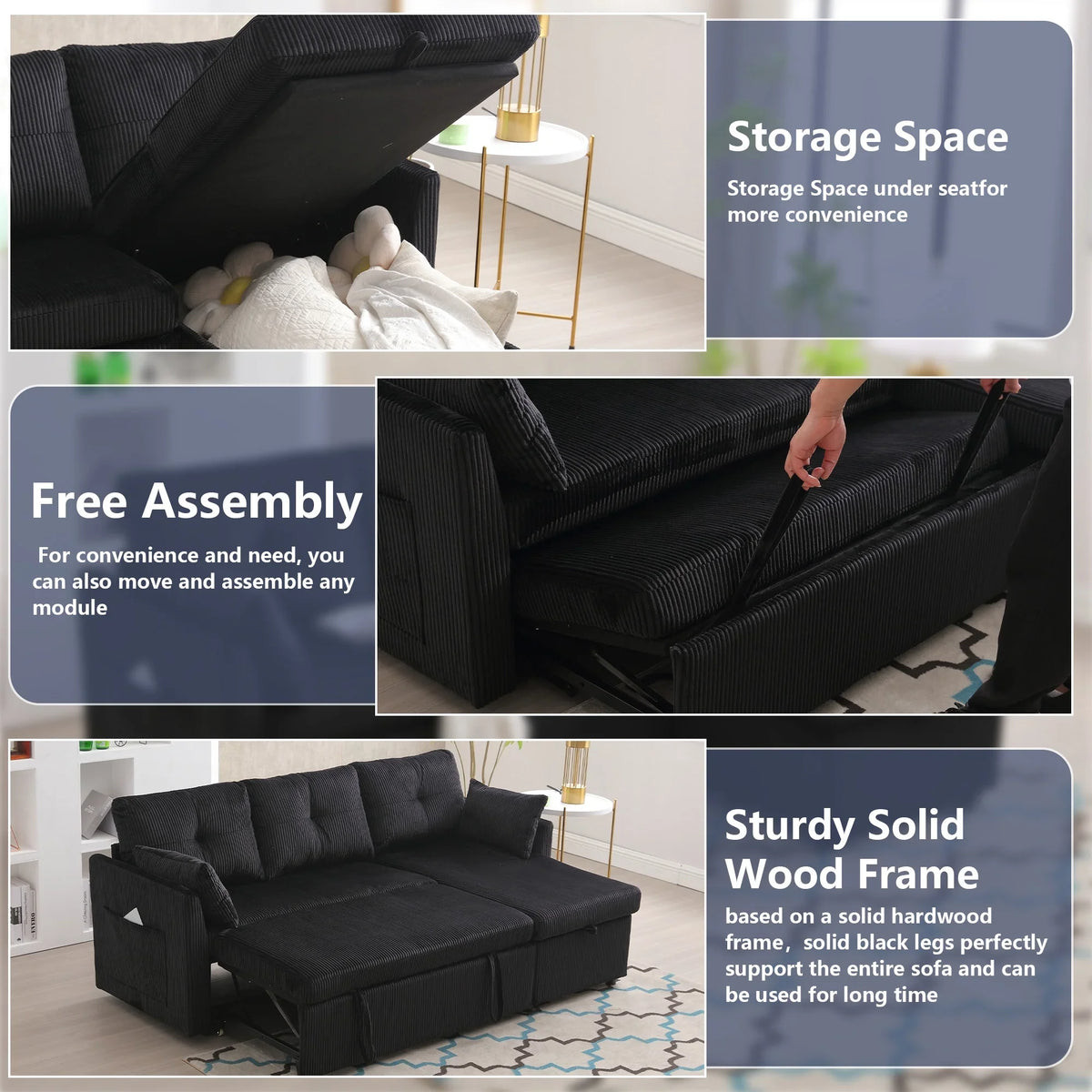 Villeston L-Shaped 3-Seat Sofa with Pull-Out Bed, with Storage Chaise Couch for Living Room, Chenille Fabric,Olive