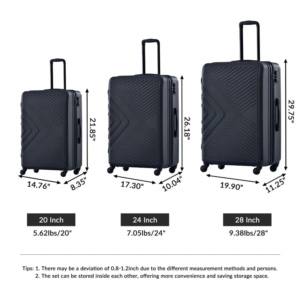 3 Piece Luggage Sets, ABS Lightweight Suitcase(20/24/28), Carry on Hard-Shell Luggage with 2 Hooks, Telescopic Handle, Spinner Wheels and TSA Lock, Yellow