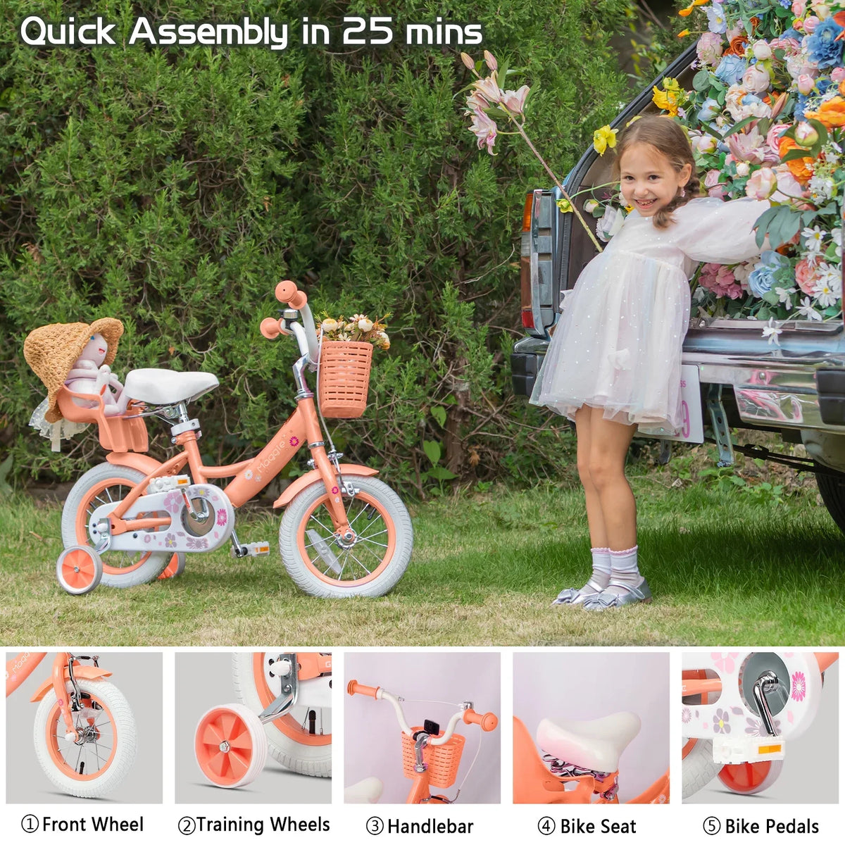 Glerc Maggie 12 inch Kids Girls Bike for Ages 2-4 Years Child, Peach