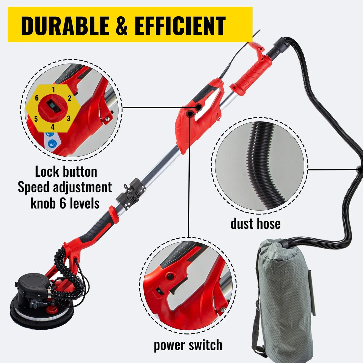 KFFKFF Drywall Sander 850W, Power-Driven Wall Smoother, Adjustable Speed 800-1750 RPM, Collapsible Plasterboard Smoother, with Extendable Handle, Power Smoother