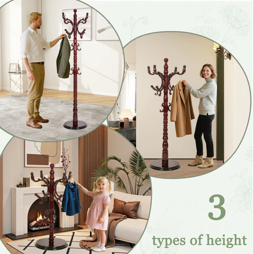 swing 73" Wooden Coat Rack Stand,Coat Racks Freestanding With 14 Hooks And Solid Round Base Heavy Duty Adjustable Height Hall Tree Coat Rack for Entryway Hallway Foyer Office Bedroomf