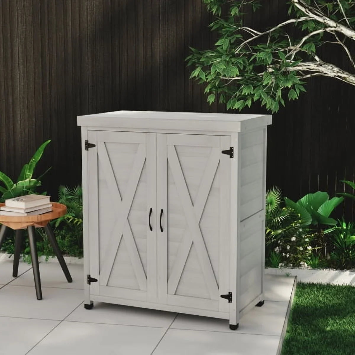 Potting Bench with Storage Cabinet and Metal Table Top for Outdoor Patio,Outdoor Work Station Table