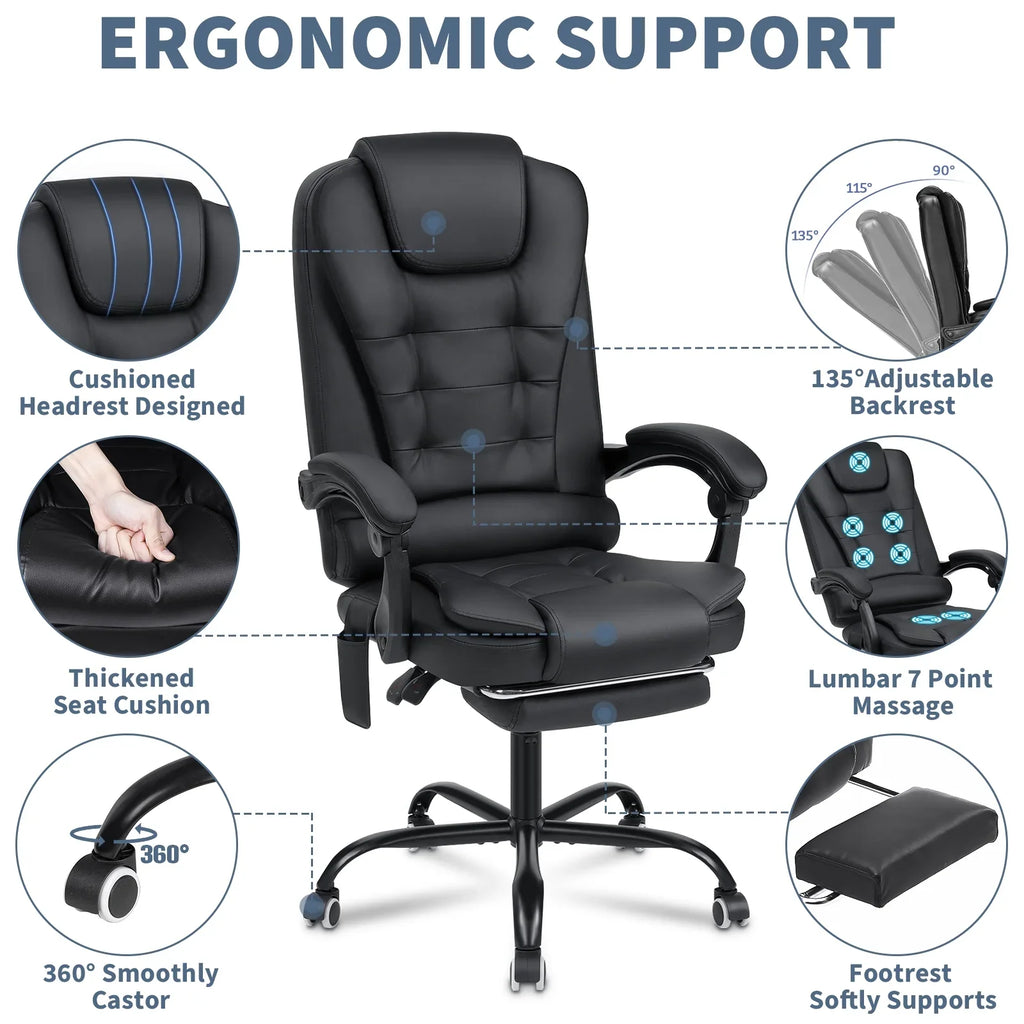 Hoffree Executive Office Chair Massage High Back Leather Office Chair with Footrest Reclining Computer Desk Chair Lumbar Back Support Swivel Rolling for Home Office Black