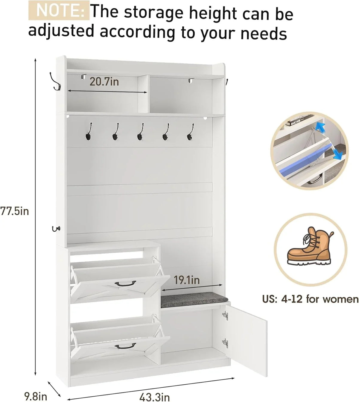 Vabches 5 in 1 Hall Tree, 78" Narrow Entryway Bench with LED Light, Coat Rack and Shoe Storage, Hall Tree with Cushioned Stool & Hooks for Hallway, Living Room, Mudroom