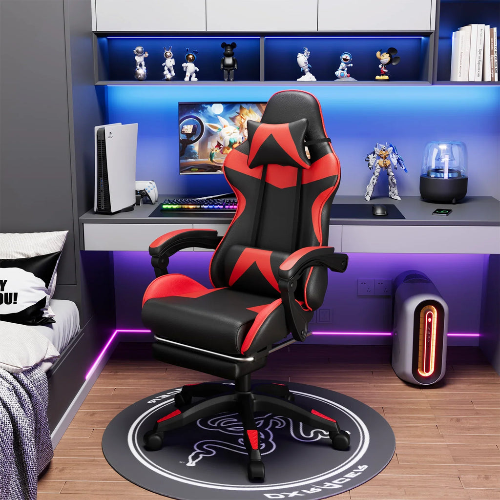 Mr IRONSTONE Office Gaming Chair with Footrest & Lumbar Support, Ergonomic Adjustable Computer Chair with Swivel Seat & Headrest, Blue