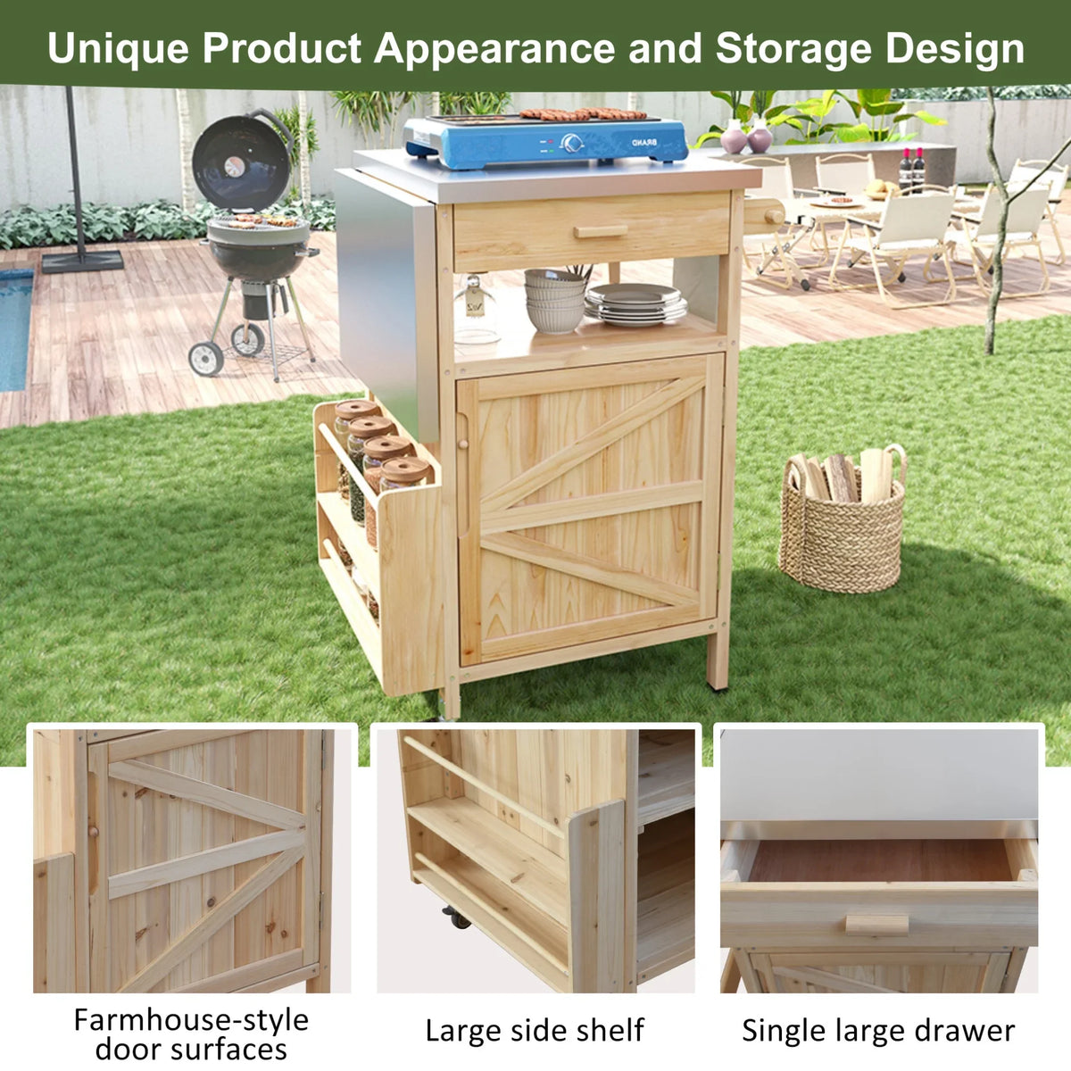 Solid Wood Outdoor Kitchen Island with Drop Leaf, Grill Table with Stainless Steel Table Top, Outdoor Bar Cart & Storage Cabinet with Lockable Wheels, Drawer, Spice Rack, Blue Grey