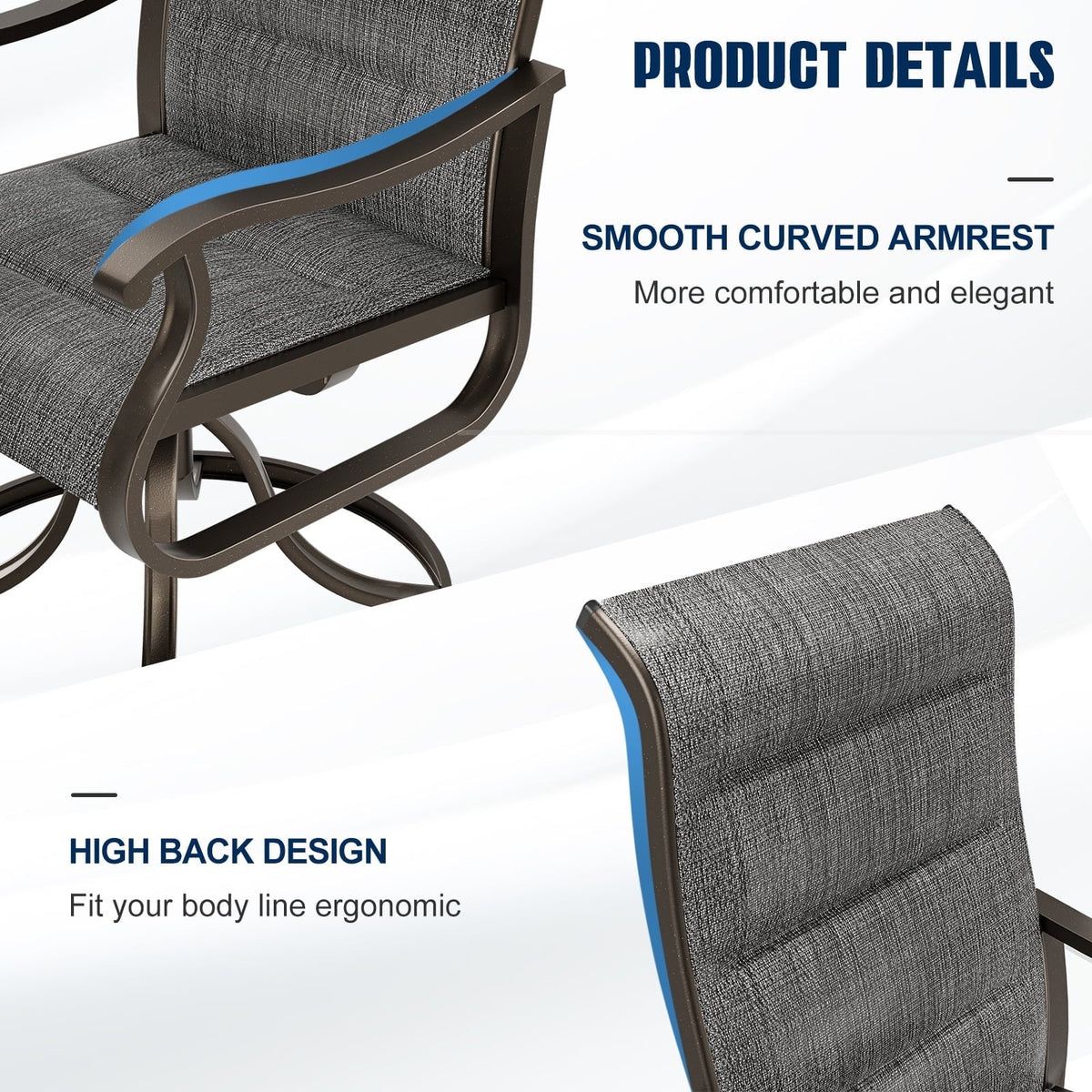 Techmilly Patio Swivel Chairs Set of 2, Outdoor Dining Chairs High Back Padded All Weather Breathable Textilene Outdoor Swivel Chairs with Metal Rocking Frame for Lawn Garden Backyard Deck, Dark Grey