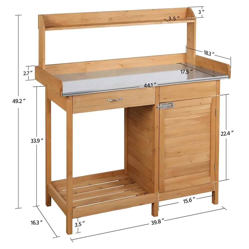 Renwick Outdoor Garden Potting Bench W/Cabinet Drawer Open Shelf, Gray