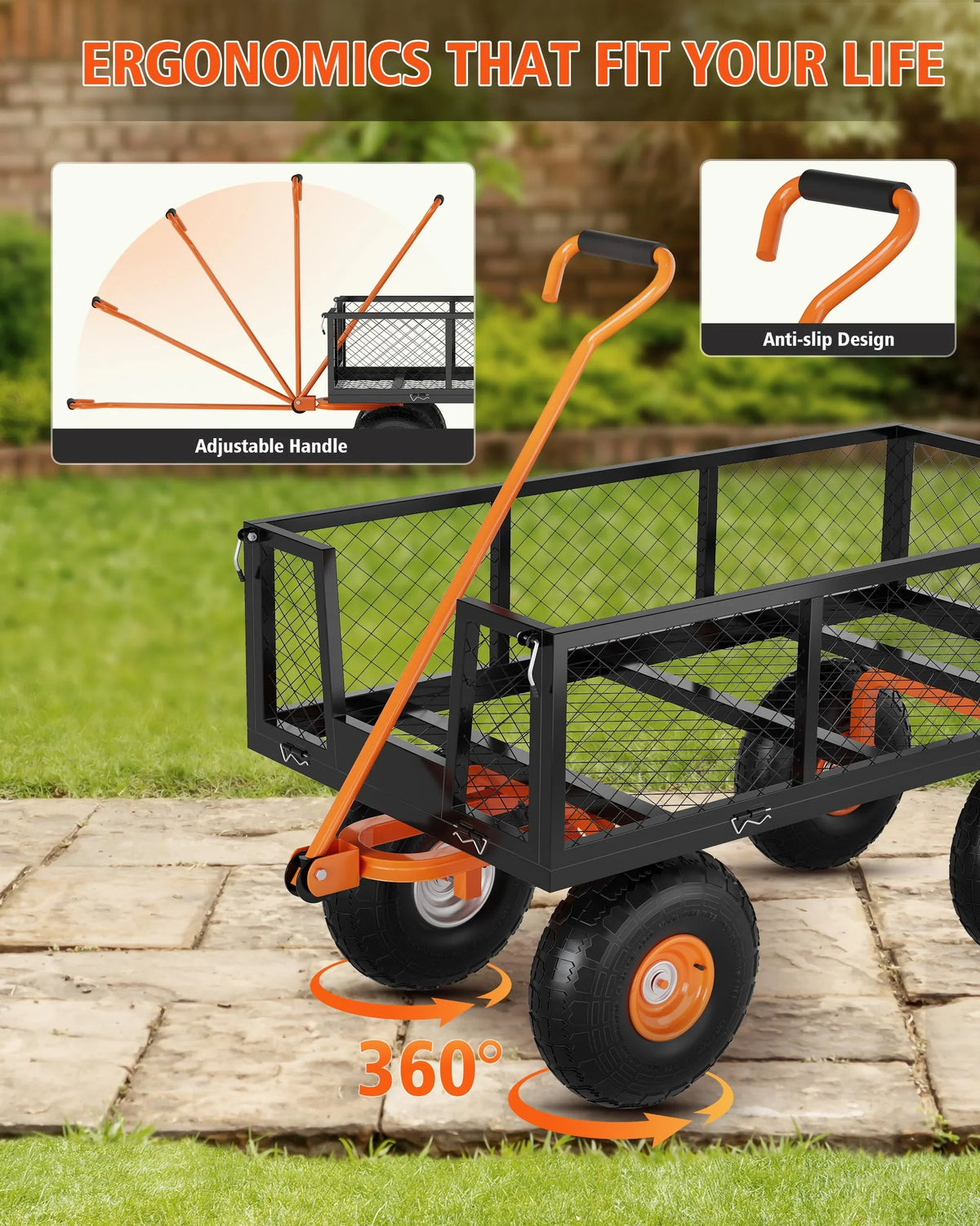 Heavy Duty Steel Garden Cart, Garden Wagon Cart on Wheels, Outdoor Metal Yard Utility Wagon Carts w/Adjustable Handle & Removable Sides(Convert to Flatbed)