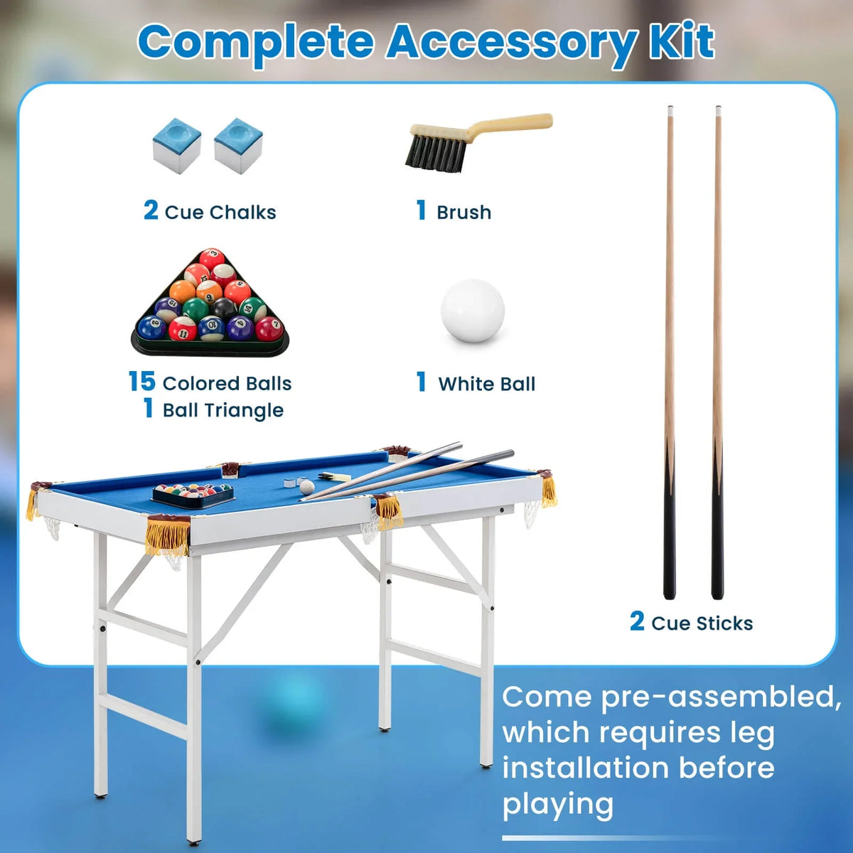 Costway 47" Folding Billiard Table Pool Game Table for Kids w/ Cues & Chalk & Brush