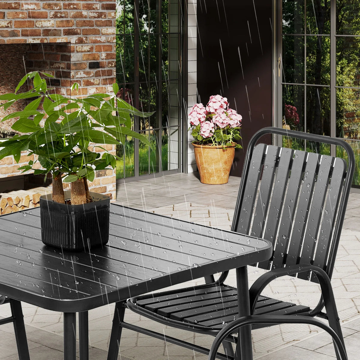 Seizeen 7-Piece Outdoor Table and Chairs, Patio Table Set with 6 Rattan Chairs, All-weather Outdoor Patio Dining Sets Rectangular Metal Table with Acacia Wood Top, Umbrella Hole, Gray