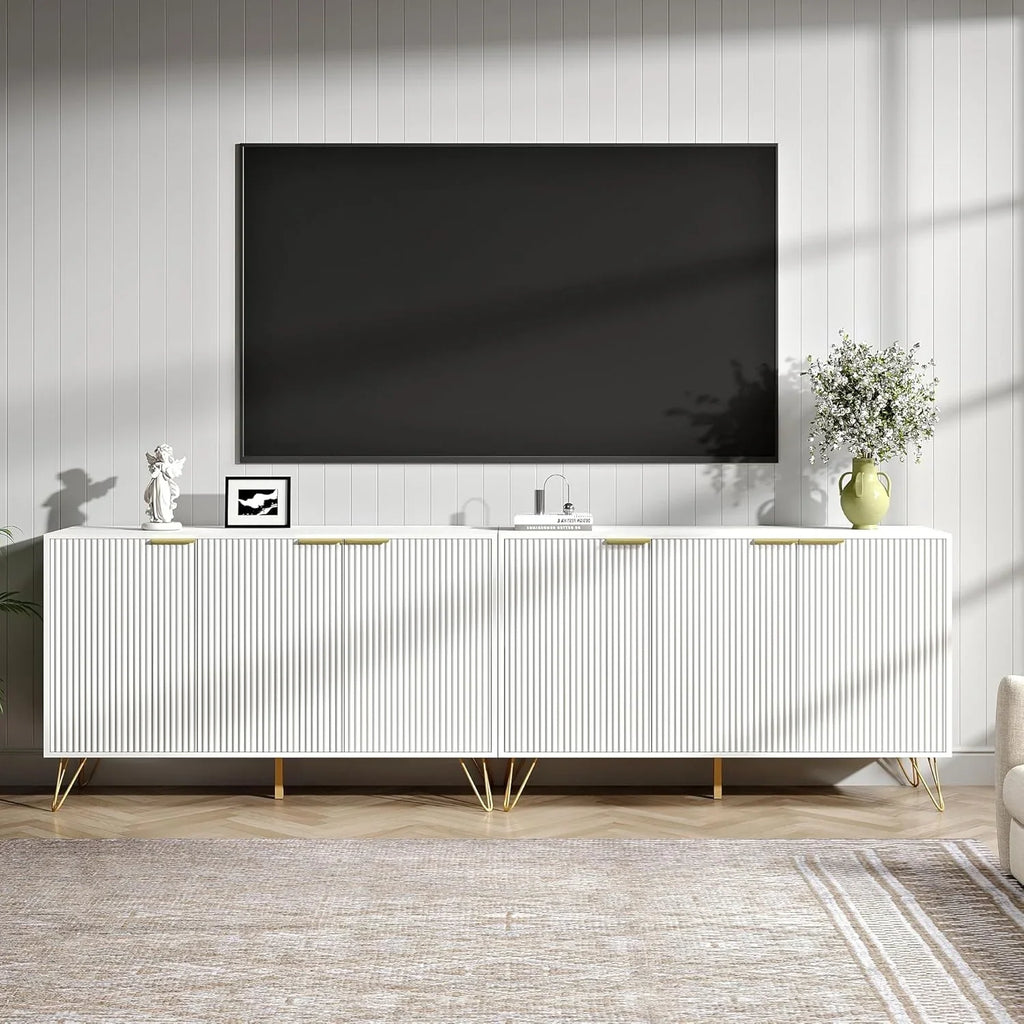 Fluted TV Stand for 100 Inch TV, Modern TV Stand Console, White Entertainment Center with Storage Cabinets, Adjustable Shelves & Gold Handles, Wood Media Cabinet for Living Room