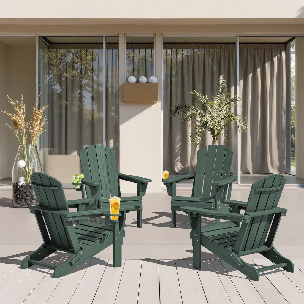 SERWALL Outdoor Adjustable Folding HDPE Adirondack Chairs Set of 2 with Cup Holder, Gray