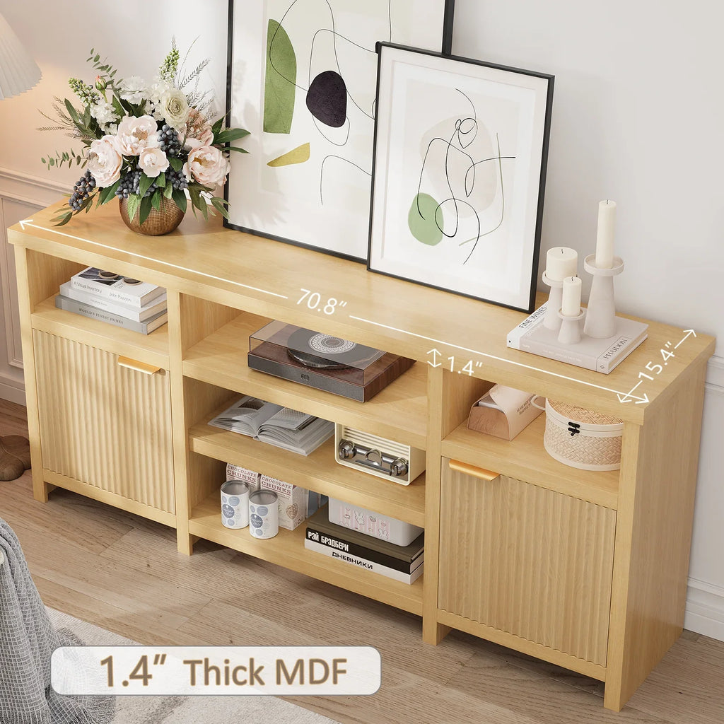 Planntonneo Mid-Century Modern Fluted TV Stand Wooden Media Console Entertainment Center for Living Room, Walnut Color