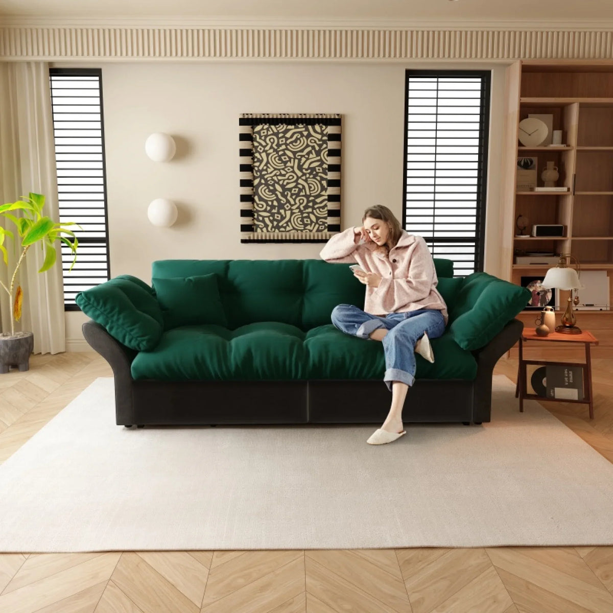 66" Queen Pull Out Sofa Bed, 3-in-1 Convertible Sleeper Sofa with Side Storage,Multi-Functional Velvet Loveseat Bed for Living Room,Bedroom