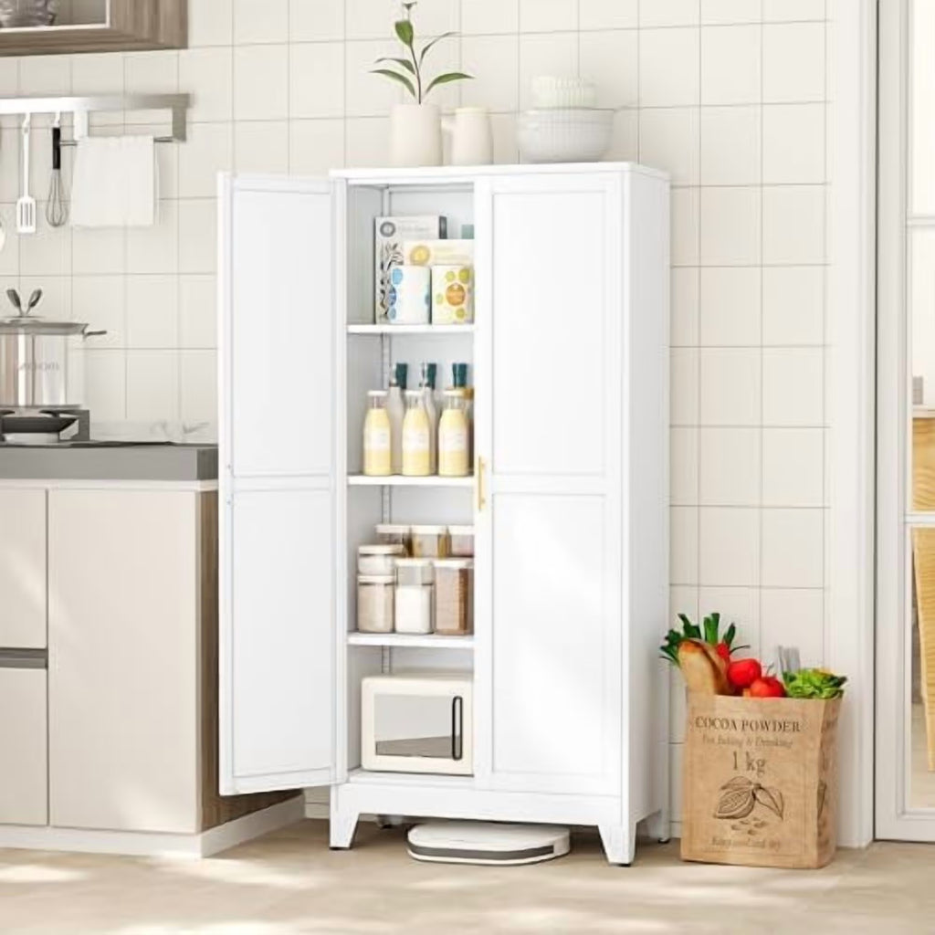 Metal Kitchen Pantry Storage Cabinet with 2 Doors and 3 Adjustable Shelves,Pantry Cabinet with Adjustable Leveling Foot for Kitchen, Living Room, Dining Room"White"