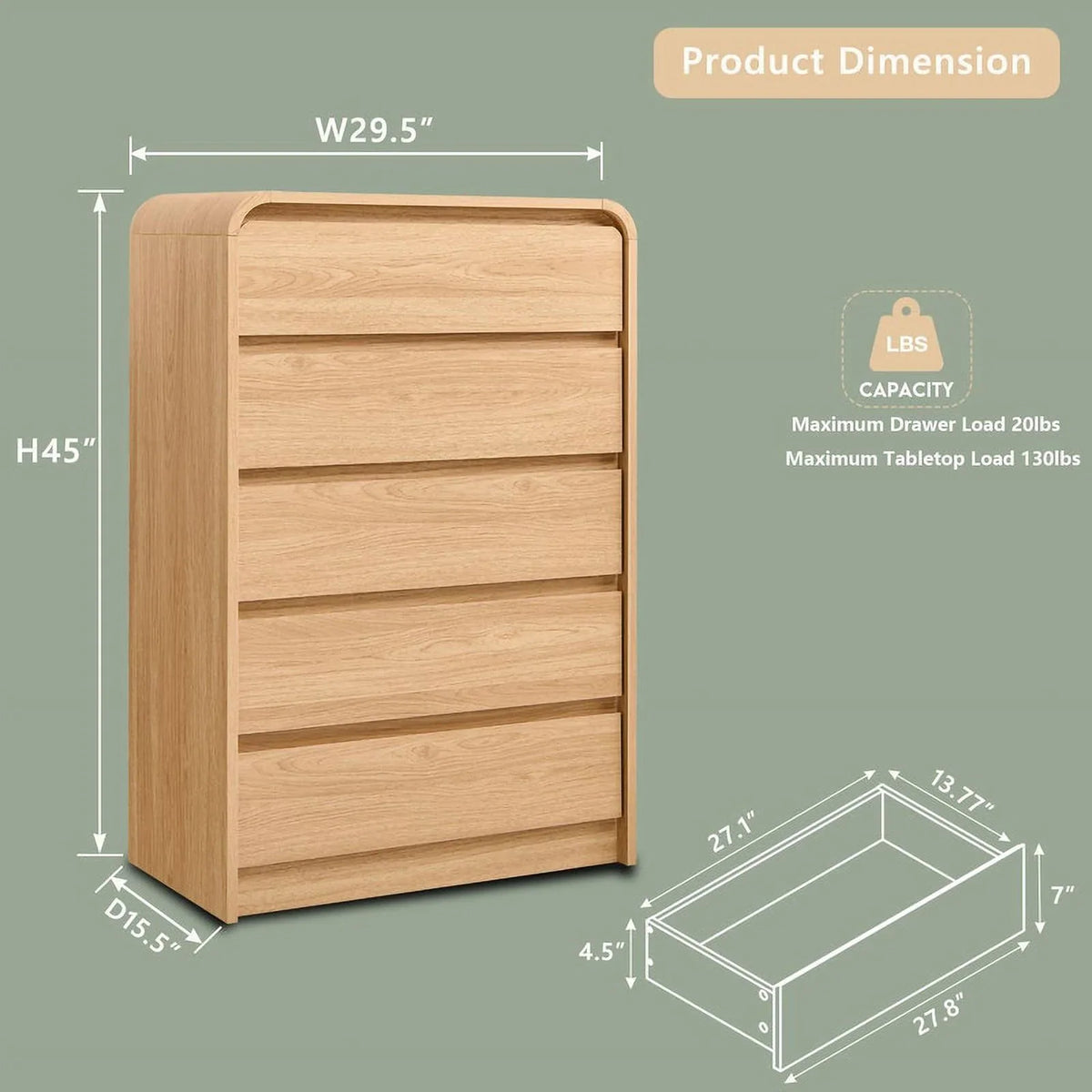 MIHOVER Modern 5 Drawer Vertical Dresser - 45'' Wood Storage Cabinet with Assembly, Chest of Drawers for Bedroom & Living Room
