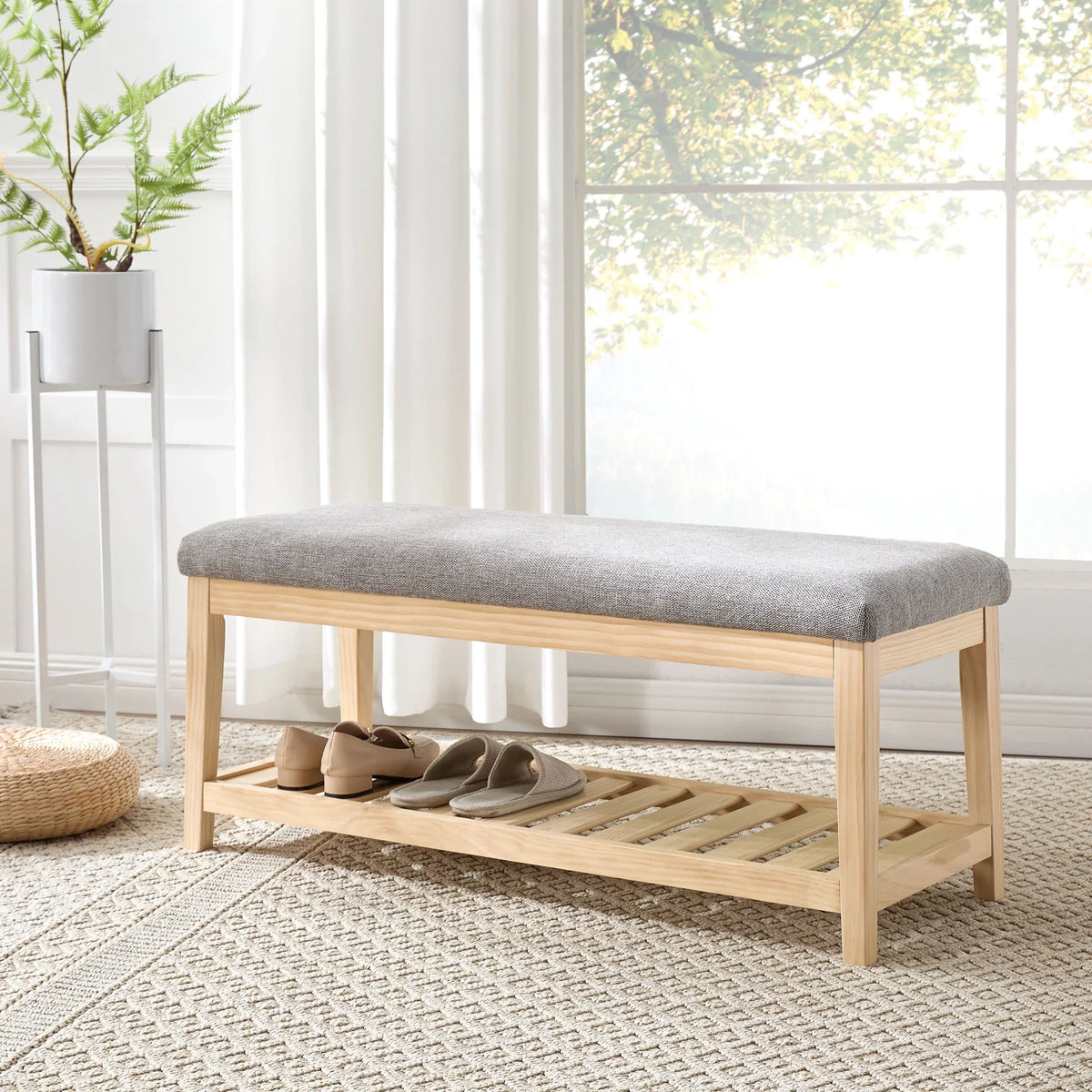Zesthouse 42.9�?Shoe Bench with Storage, Entryway Bench for Living Room, Bedroom and Hallway, Linen Fabric Upholstered Bench with Solid Wood Shelf, Gray