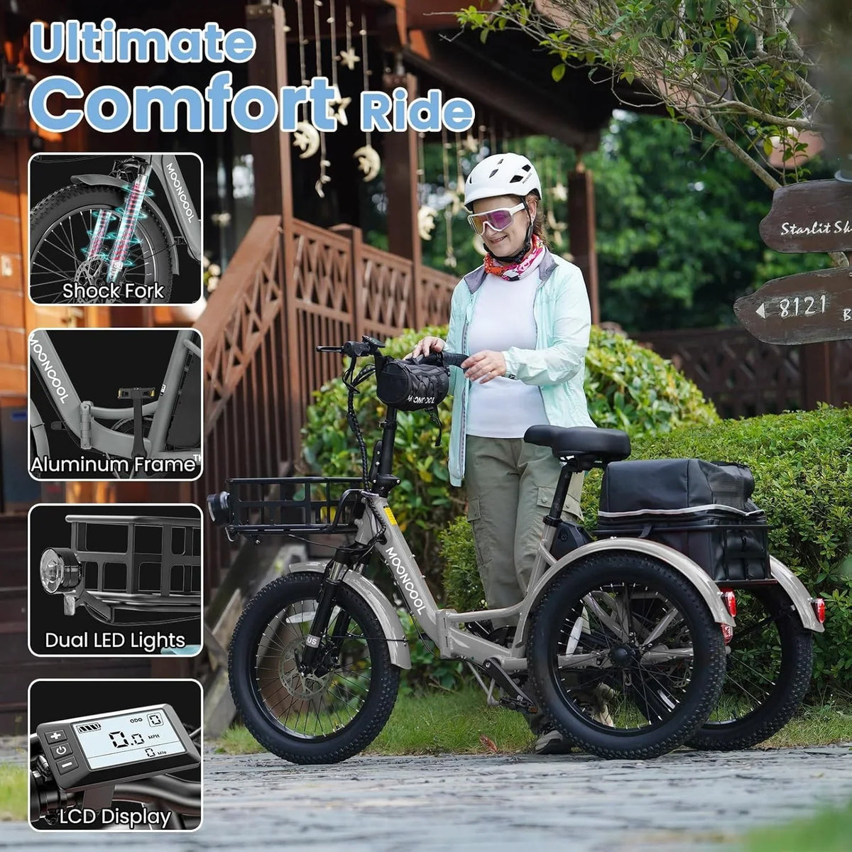 MOONCOOL TK1 Folding Electric Tricycle for Adults,48V 14.5Ah Removable battery, 500W"Peak 1000w"Motor, 20" Fat Tire Step-Thru 3Wheel Electric Bicycle w/Front&Rear Baskets, Certified to UL 2849 by SGS