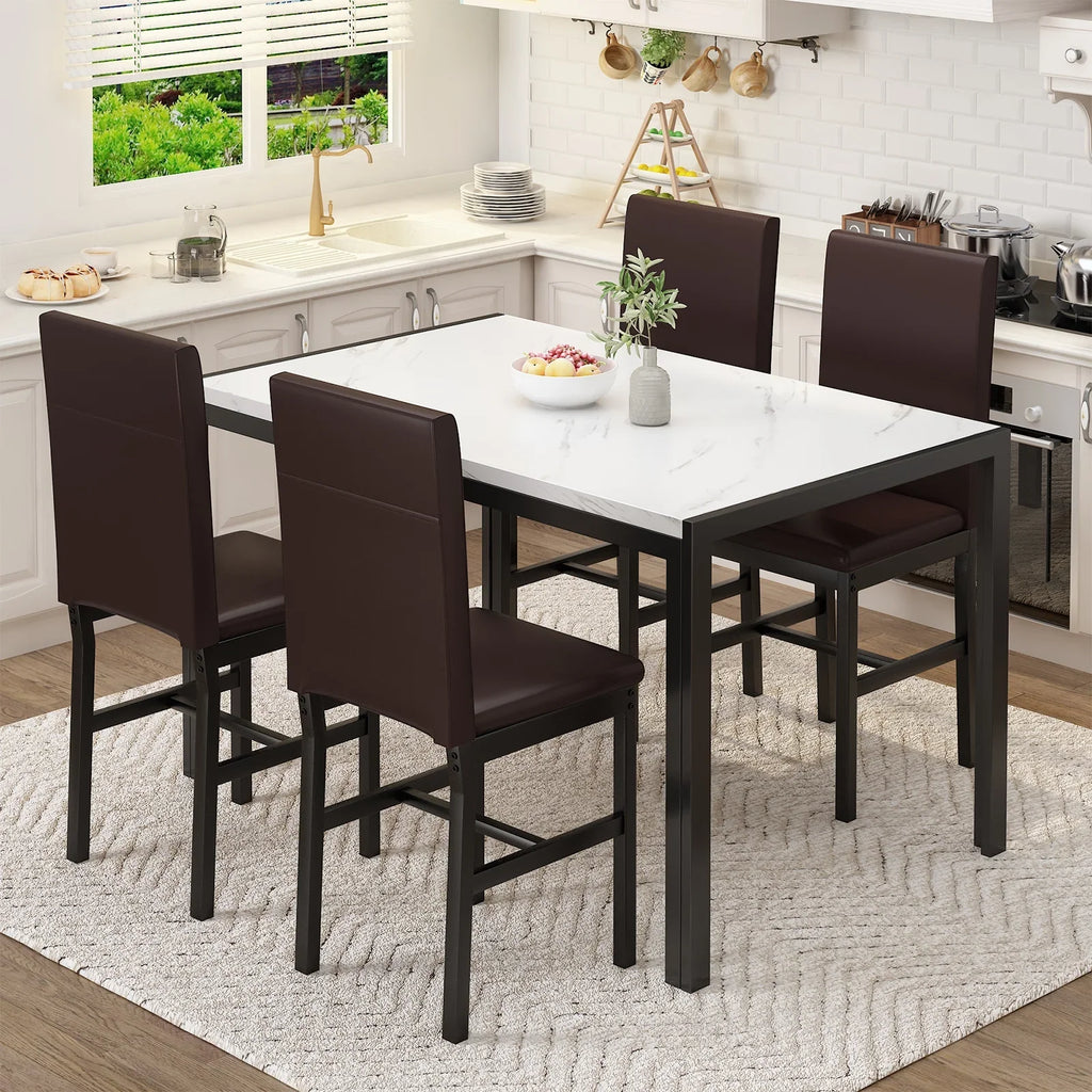 AWQM Dining Table Set of 4, Faux Marble 5 Piece Dining Room Table Set with PU Leather Chairs, Rectangular Kitchen Table Set for Apartment, Dining, White