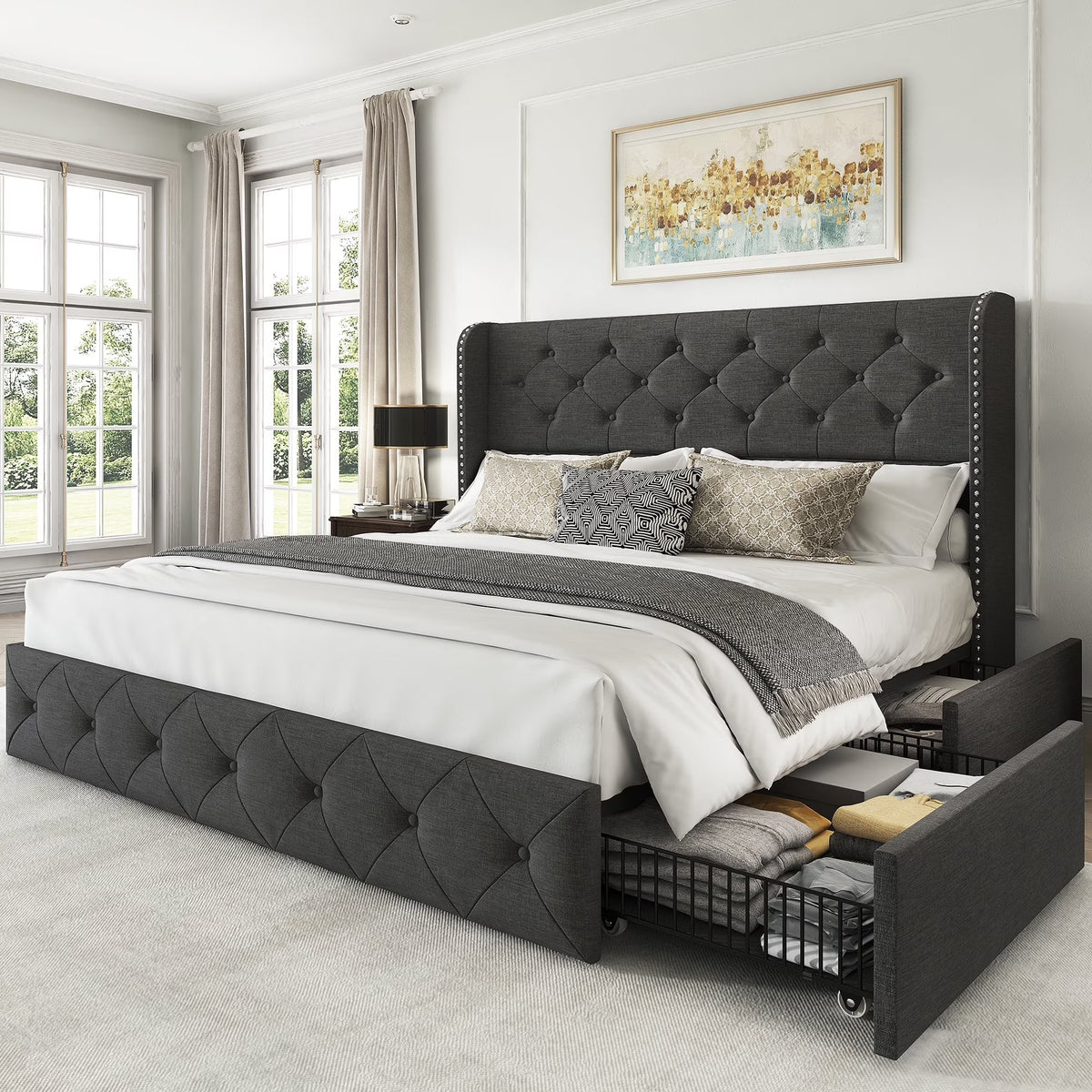 LARMACE Queen Size Platform Bed Frame with 4 Storage Drawers and Tufted Headboard Linen Upholstered Bed Wingback Bed Frame with Wooden Slats Support, Easy Assembly, Light Grey