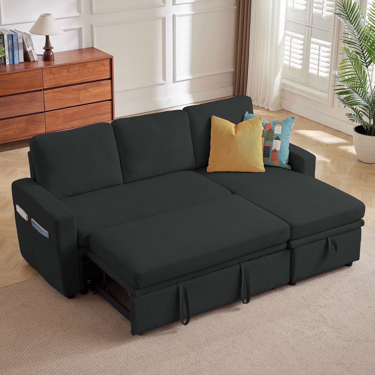 Pingliang Home Pull Out Sleeper Sofa Bed Sectional Sofa with Storage Chaise,L Shaped Sectionals Couches with Side Pockets,Modern Linen Reversible Sofa Couch for Living Room Apartment Office Studio
