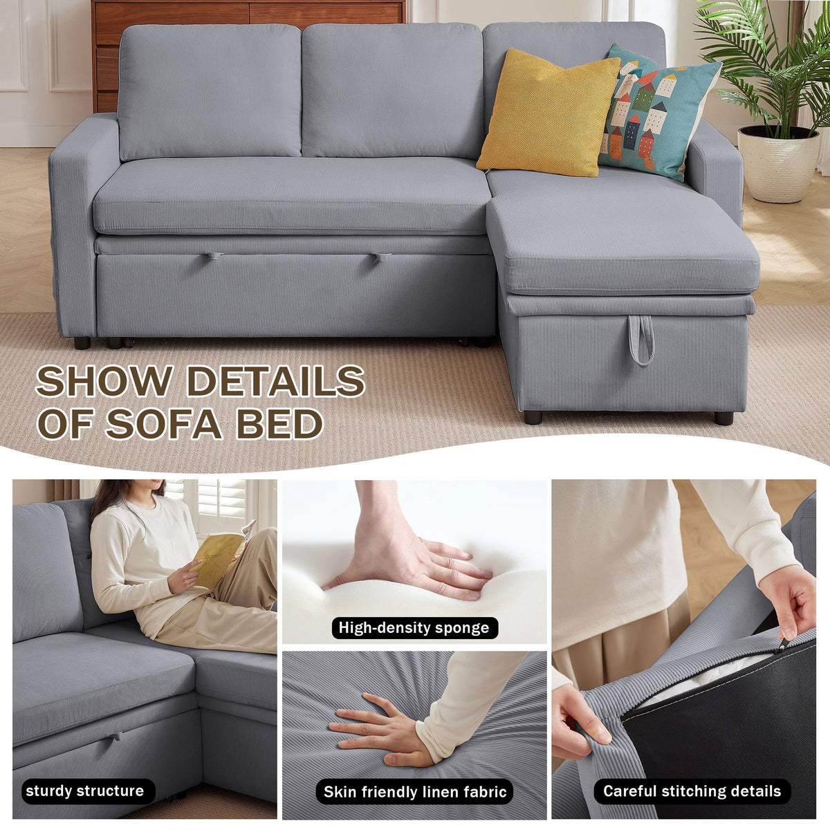 Pingliang Home Pull Out Sleeper Sofa Bed Sectional Sofa with Storage Chaise,L Shaped Sectionals Couches with Side Pockets,Modern Linen Reversible Sofa Couch for Living Room Apartment Office Studio